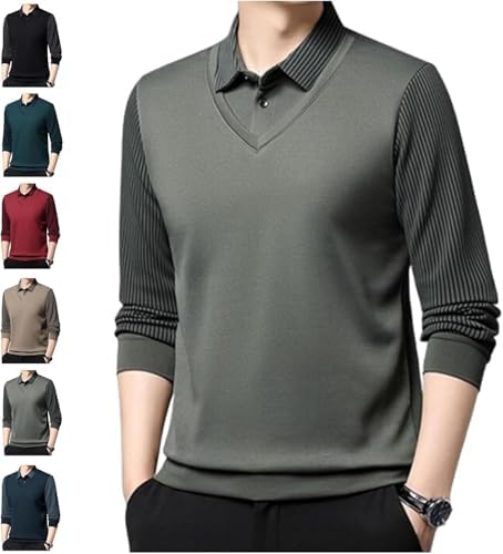 Men's Striped Lapel Fake Two-Piece Shirt Long Sleeve,Fake 2-Piece
